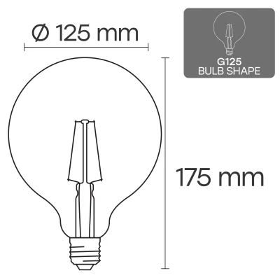LED Dimmable filament bulb E27, G125, 12W, 1320lm, 3000K, 360°, amber